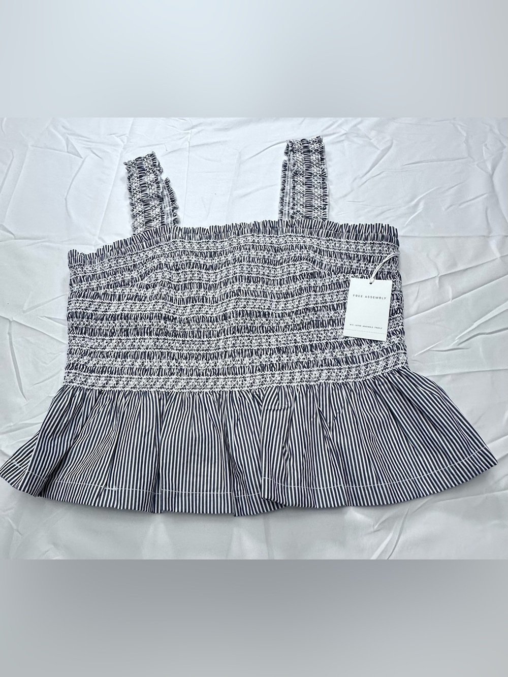 Free Assembly Striped Smocked Peplum Tank Top - White & Navy